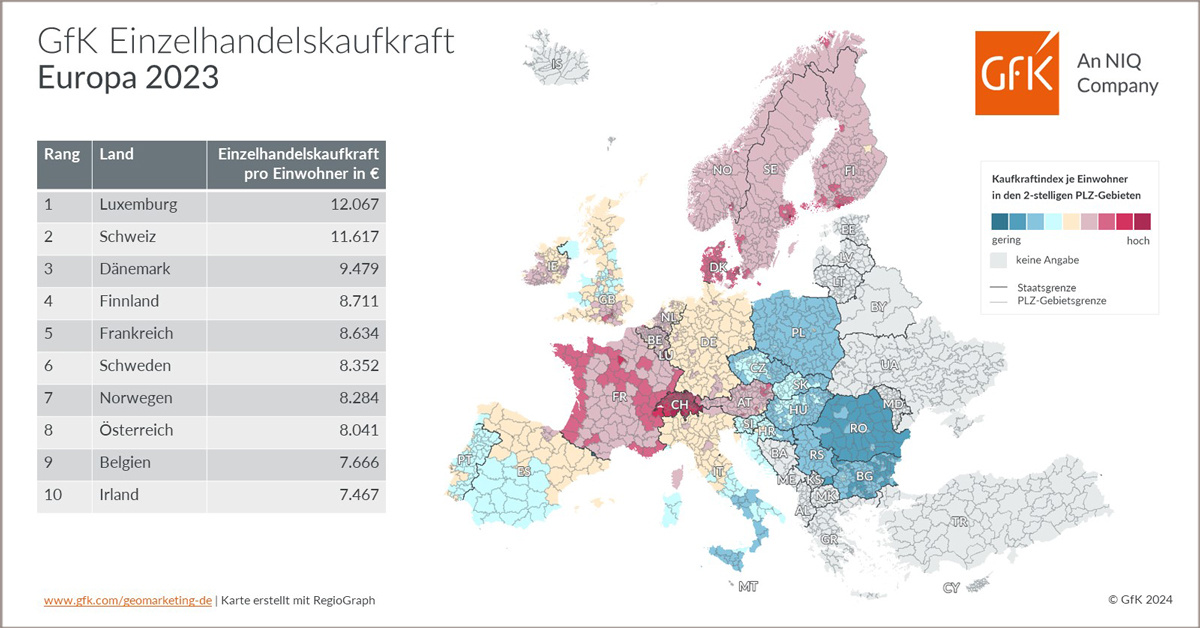 Bild im Inhalt 2 zu Bild des Monats: GfK Einzelhandelskaufkraft, Europa 2023