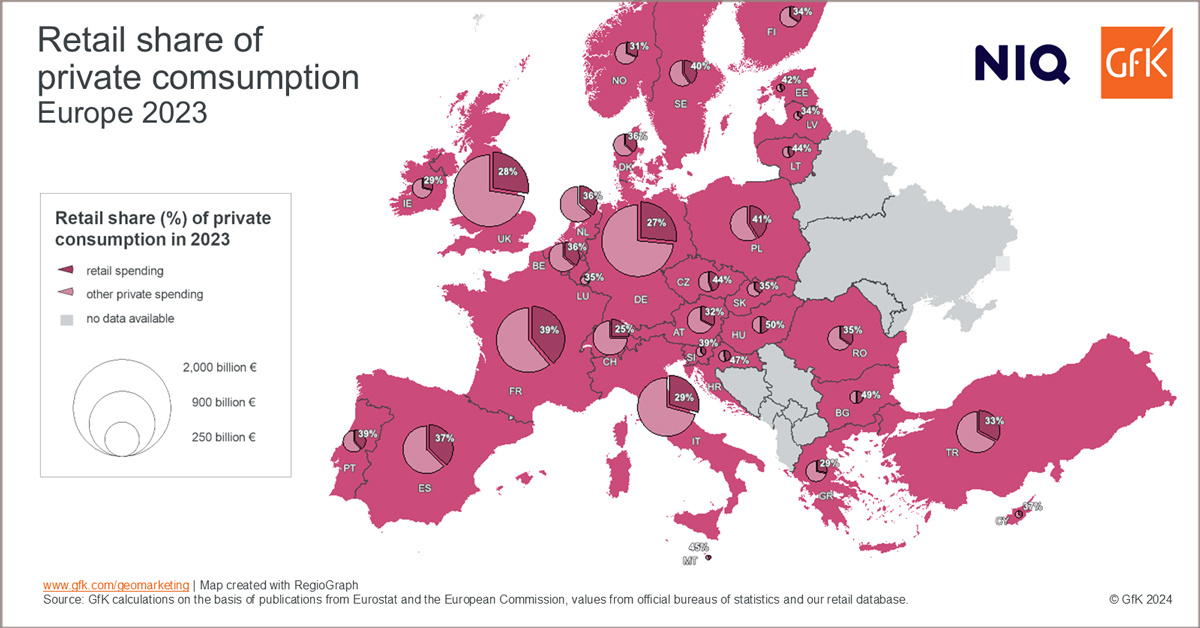 Inline image 1 for Map of the Month: Retail share of private consumption, Europe 2023