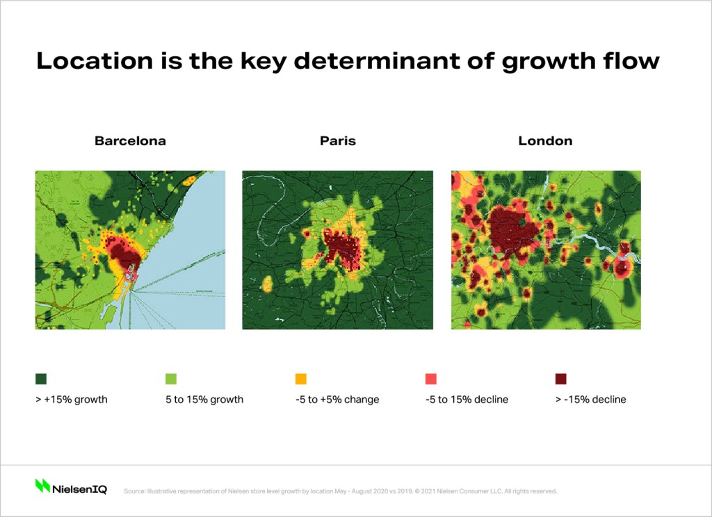 Heat map showing consumer spending behavior change in Barcelona, Paris, and London