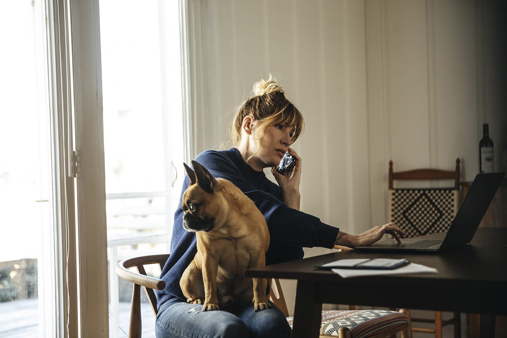 Woman sits with her dog observing rising pet care costs online