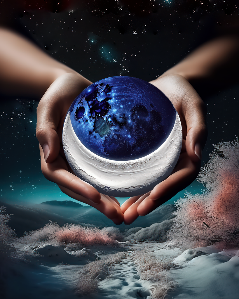 Artwork by Artist Rocco Tanica for Linkontro 2023. Nivea company, a moon and the earth in his hands