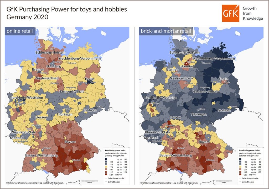 Map of the Month: Online & brick-and-mortar purchasing power for toys and hobbies, Germany 2020