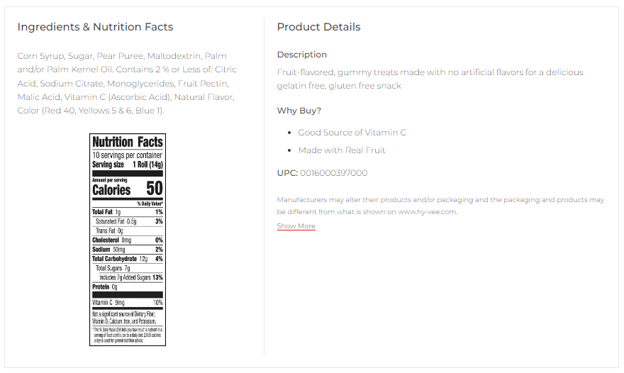 Hy-Vee screenshot nutrition label