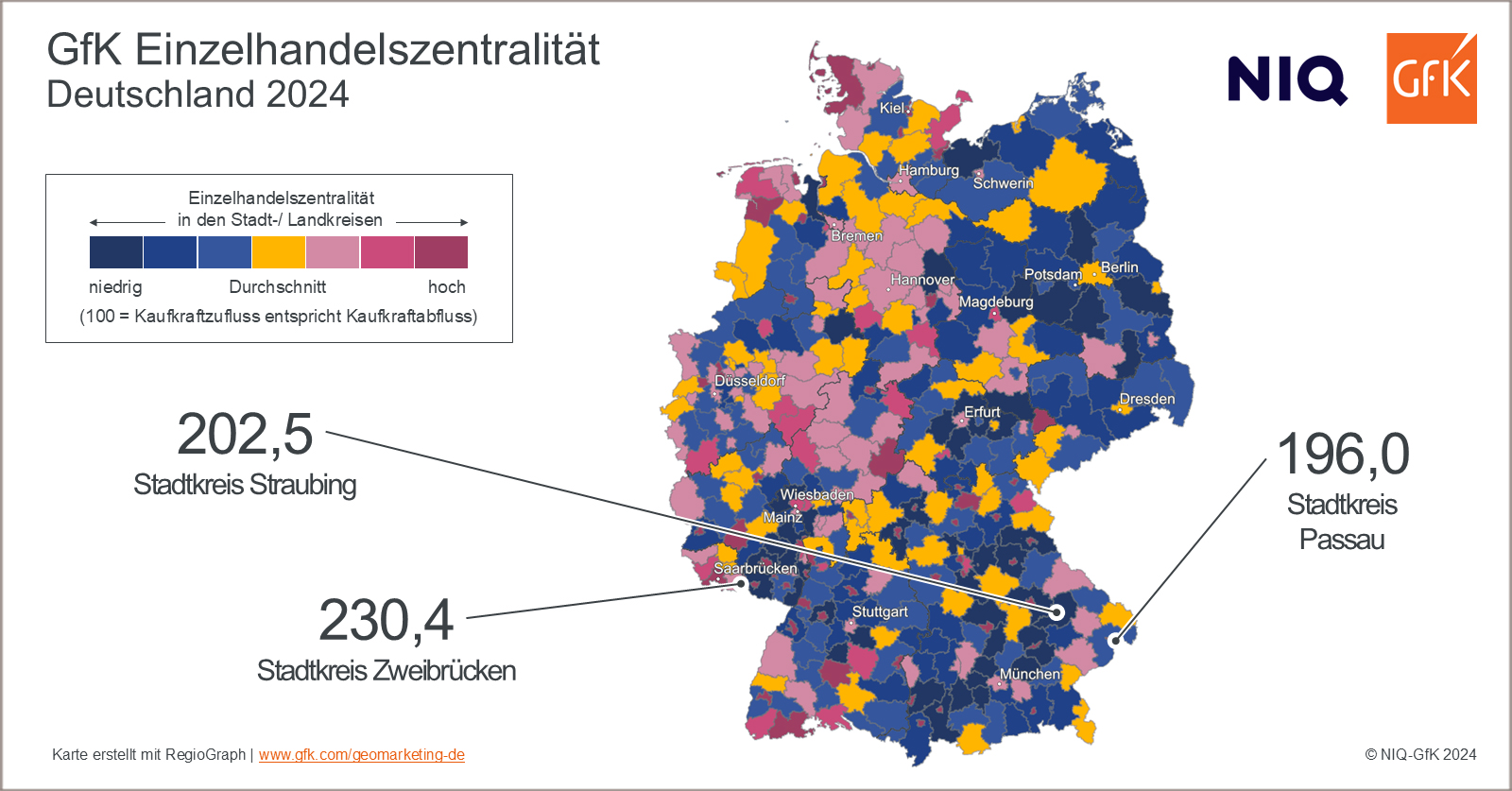 Karte von Deutschland, die die regionale Verteilung der Einzelhandelszentralität zeigt