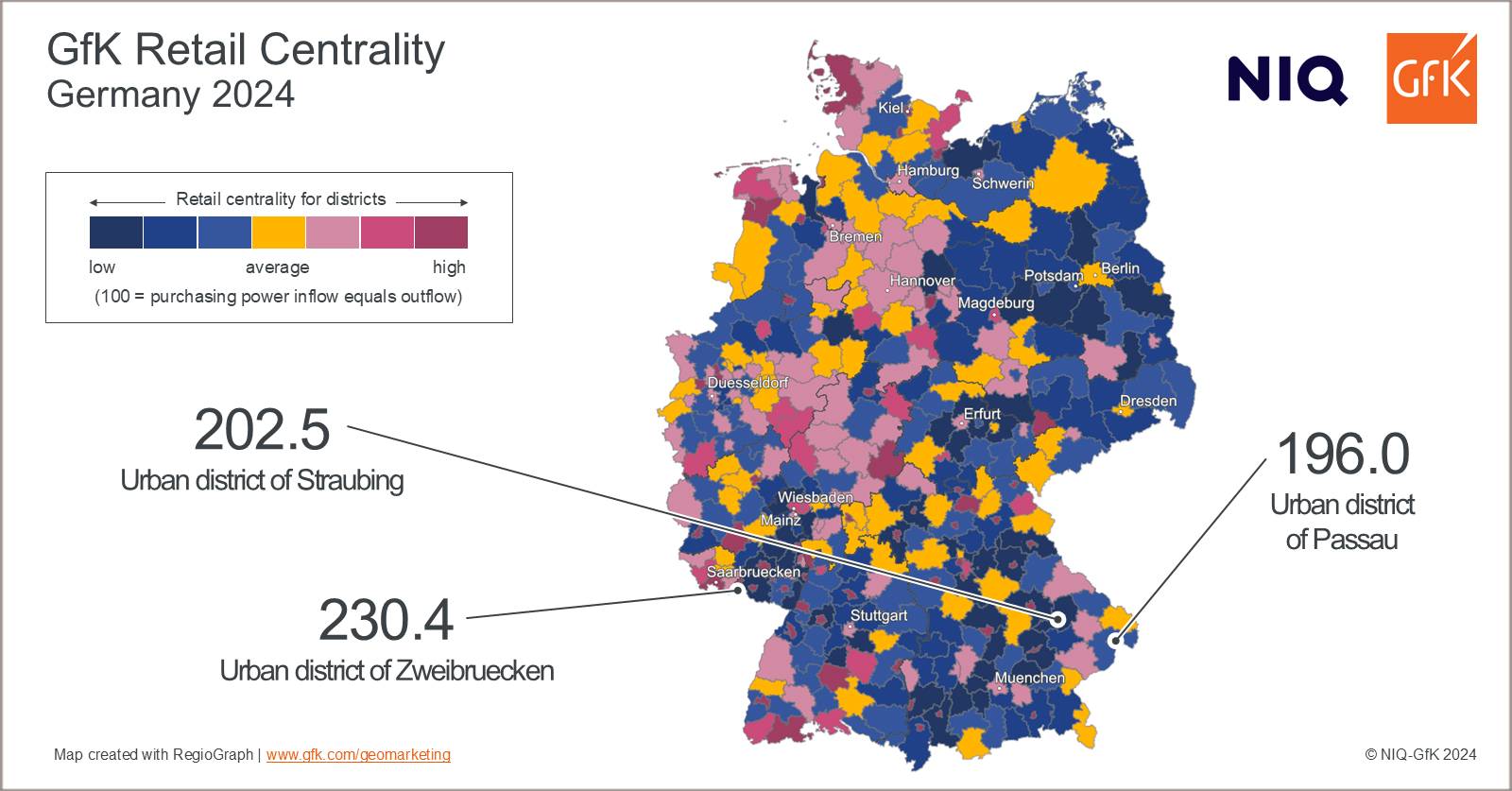 Map of Germany depicting the regional distribution of retail centrality in 2024