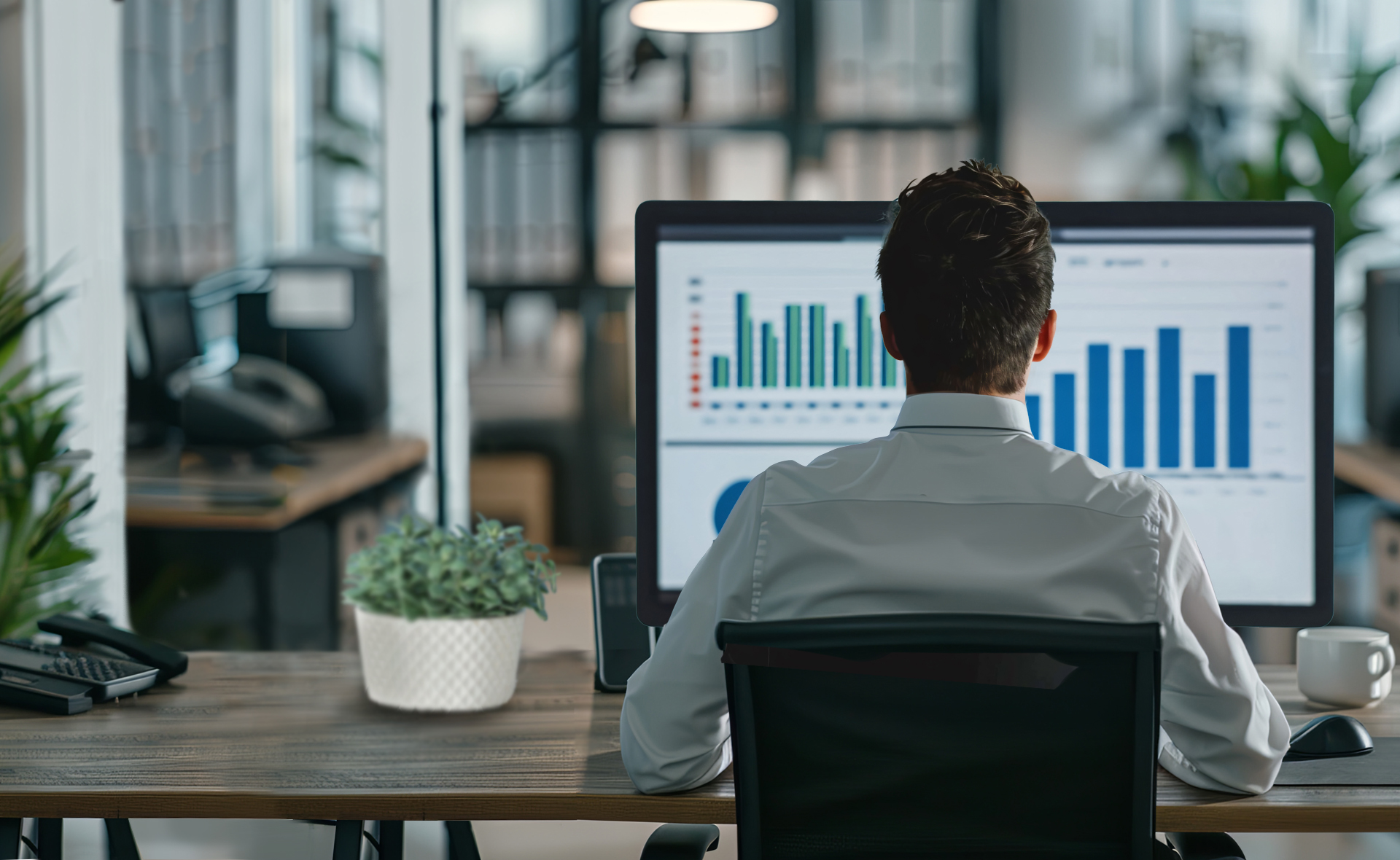 Man sitting in front of a computer, looking at the data on his monitor