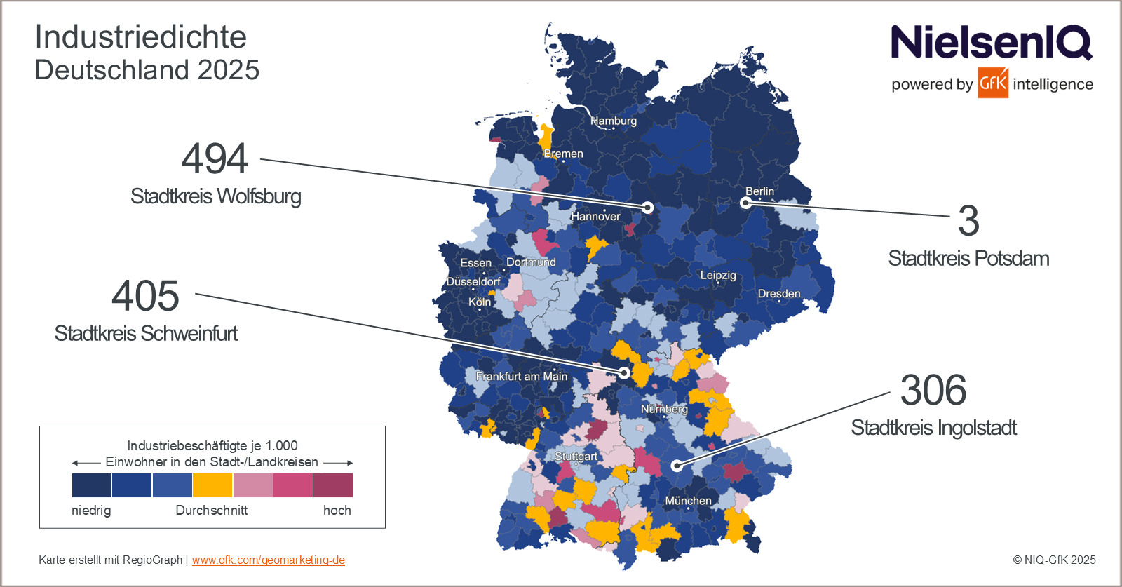 Karte zur regionalen Verteilung der Industriedichte in Deutschland im Jahr 2025