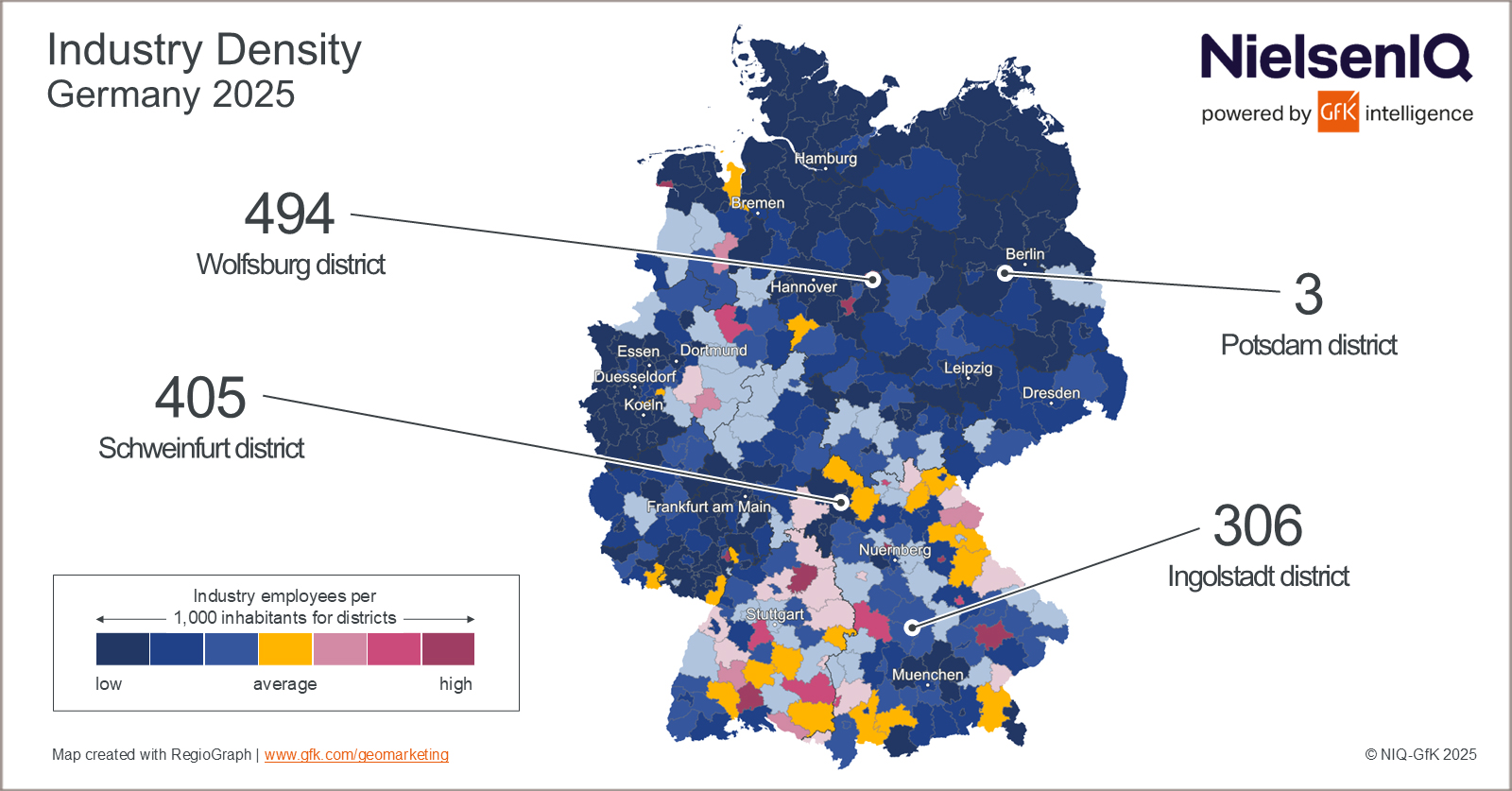 Map illustrating the regional distribution of industry density in Germany in 2025