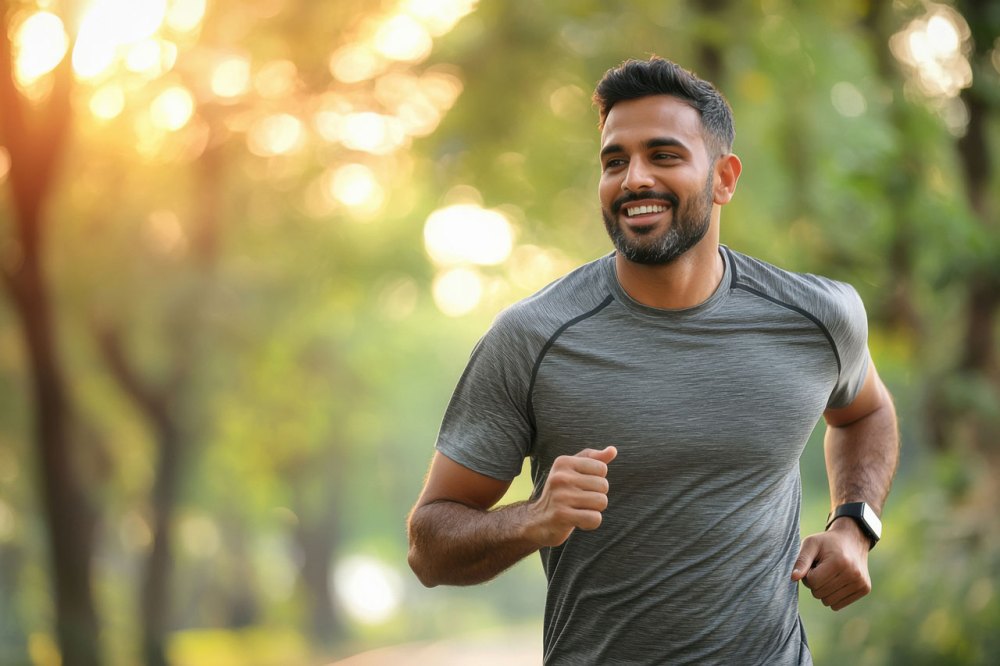 Middle-aged man running on wooded street