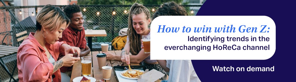 A banner showing gen Z friends a rooftop bar. Text reads 'How to win with Gen Z: Identifying trends in the ?HoReCa channel. Watch on Demand'