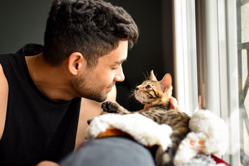 A man pets his cat