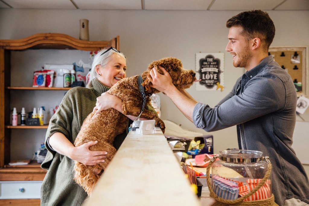 A pet store worker / owner pets a dog on the counter