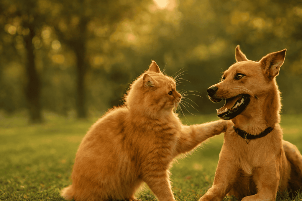 cat and dog playing