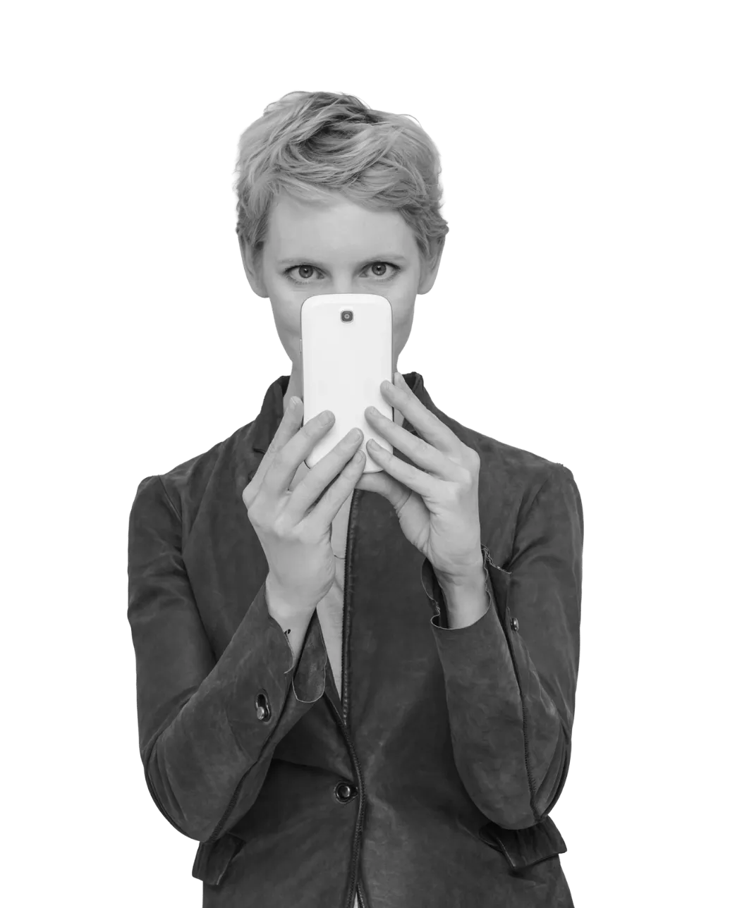 women with a phone in a white background