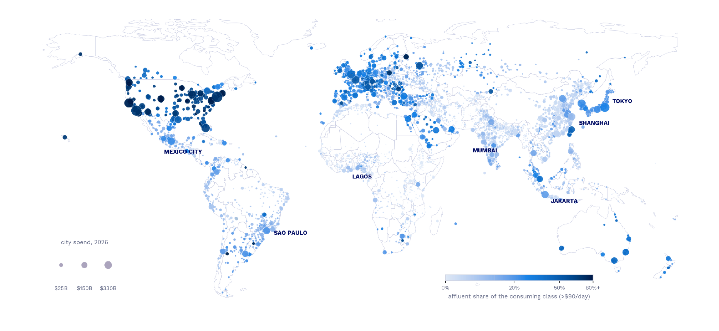 World map showing the affluent consumer share of each country, splitting mature and emerging markets, 2026