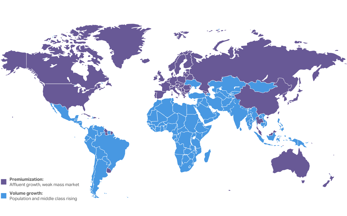 World map showing volume growth in emerging markets and premiumization trend in mature markets through 2036